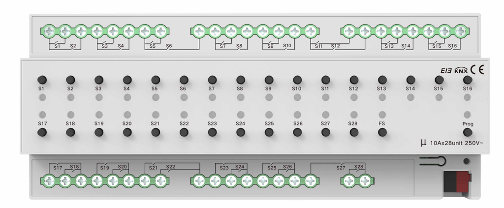 KNX 28-channel 10A switch actuator can support a load of up to 10A per channel,